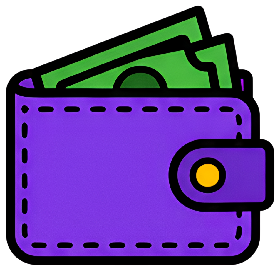 A purple digital wallet opened with green cash sticking out, featuring a yellow button clasp. The wallet is cartoon-style, emphasizing bright colors and a simplistic design.