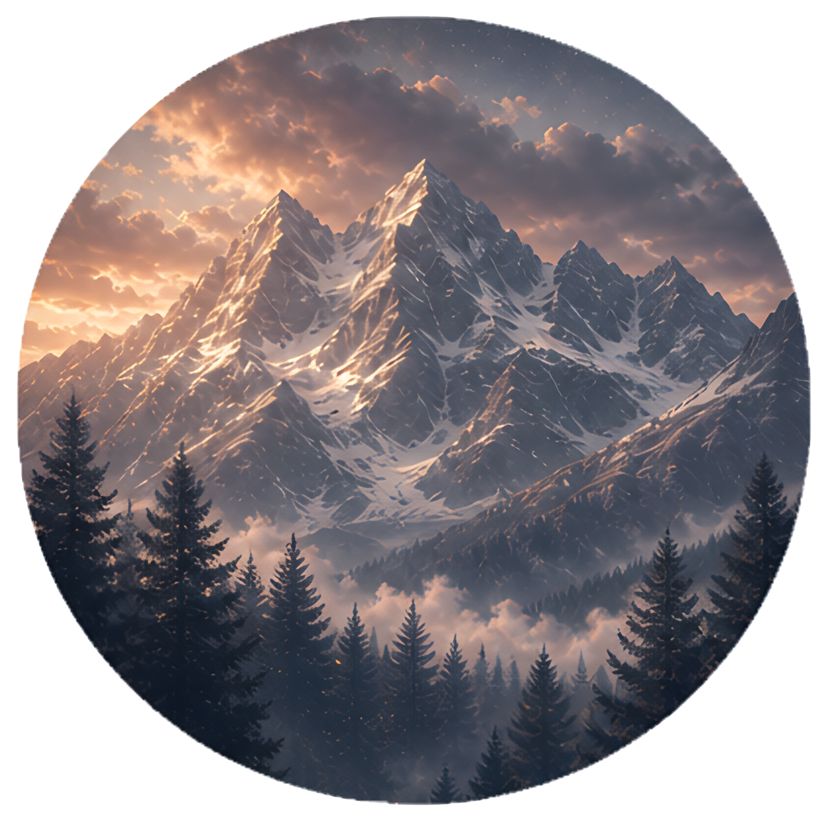 Snowy mountain peaks illuminated by a pink sunset create a stunning backdrop, while a dark silhouette of a pine forest fills the foreground. The warm colors of the sunset contrast with the cool tones,