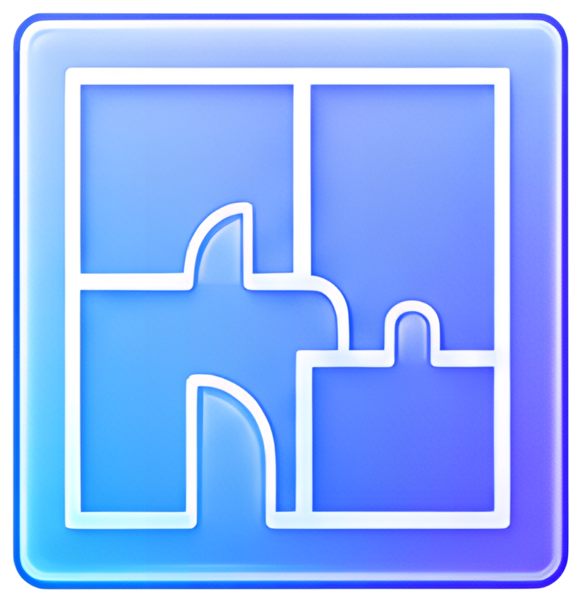 A minimalist floor plan blueprint design featuring various room outlines in white against a gradient blue background. The layout shows different sections, conveying the idea of space division.