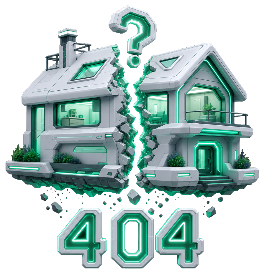 Broken house with glowing 404 error