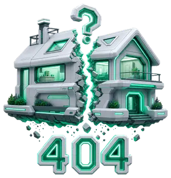 A visually striking illustration featuring a 'broken' house split in half with a crack and a large glowing question mark above. The scene includes a vibrant emerald green '404' text at the bottom on a