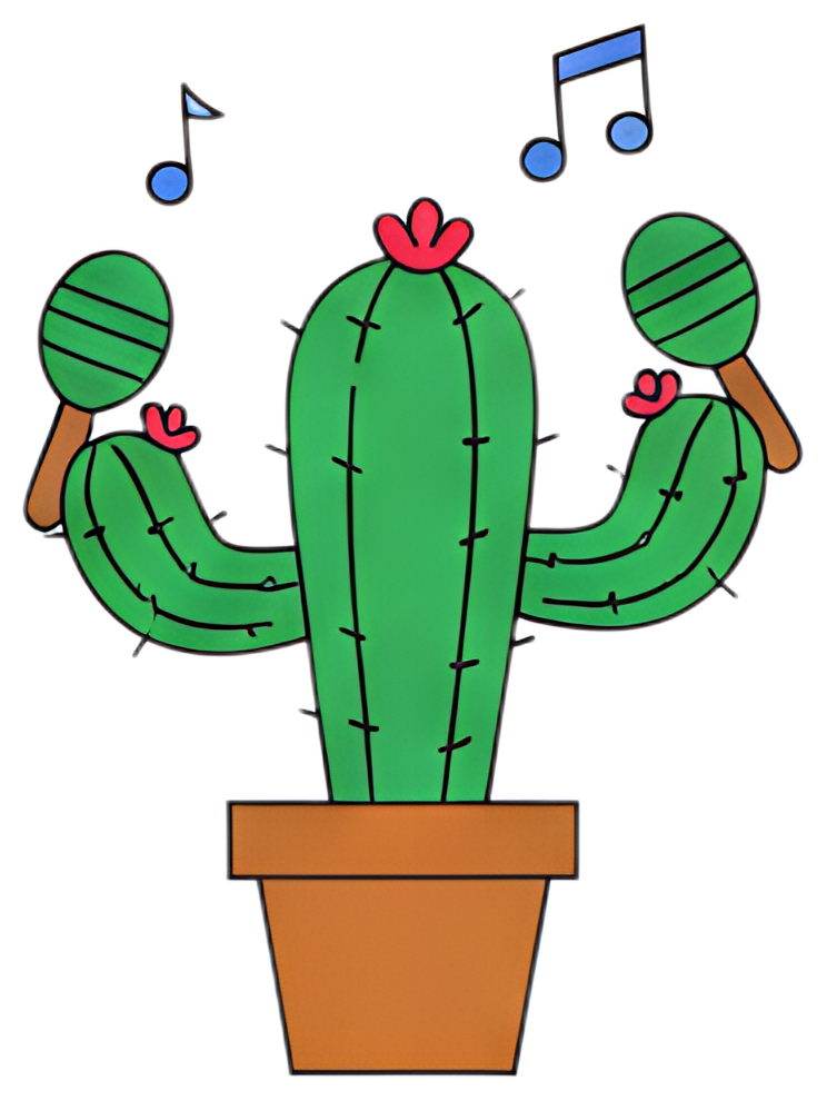 A cheerful green cactus in a brown pot is joyfully holding maracas, surrounded by musical notes. The cactus has bright pink flowers on top, giving it a playful, lively appearance.