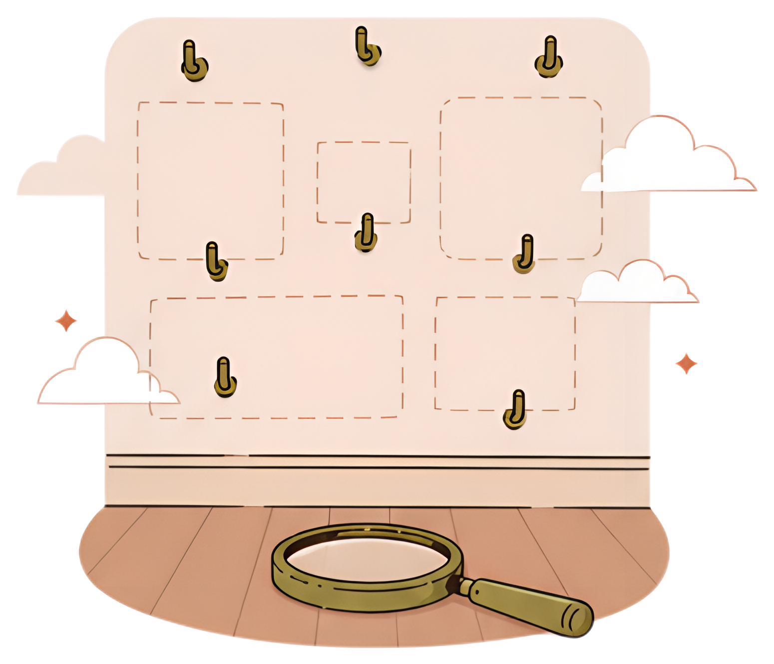 Empty gallery wall with hooks and magnifying glass