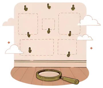 A gallery wall features several empty hooks on a soft pink background, showing slight outline marks of previous frames. At the bottom, a magnifying glass rests on the wooden floor, adding an elementof