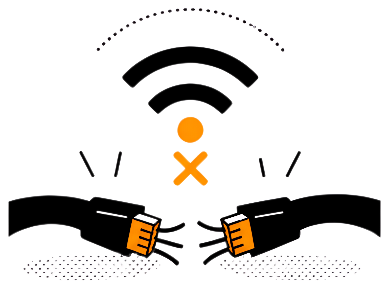 A visual representation of a broken internet connection, featuring a severed black cable and an orange Wi-Fi signal icon with an 'X'. The design emphasizes the disruption with expressive lines and a 3