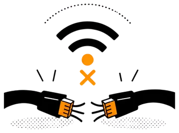 A visual representation of a broken internet connection, featuring a severed black cable and an orange Wi-Fi signal icon with an 'X'. The design emphasizes the disruption with expressive lines and a 3