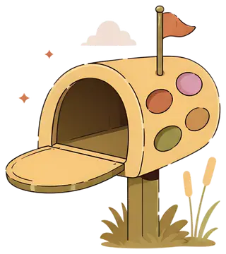 A creatively designed mailbox resembling a paint palette, featuring colorful dots in pink, green, and orange. The mailbox is open, set atop a post with lush grass around it and a small flag on top, ev