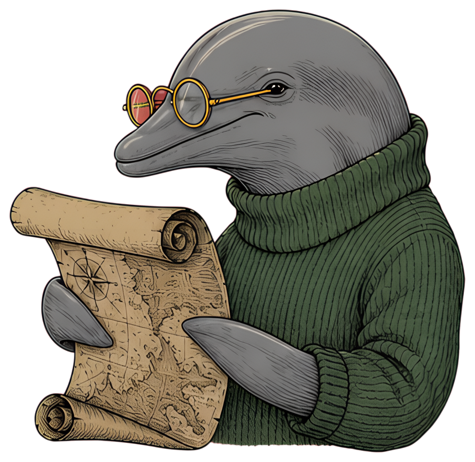 An intelligent dolphin wearing reading glasses holds a scroll of ancient sea charts, dressed in a cozy green turtleneck. The dolphin's design features detailed textures and a wise expression, paired a