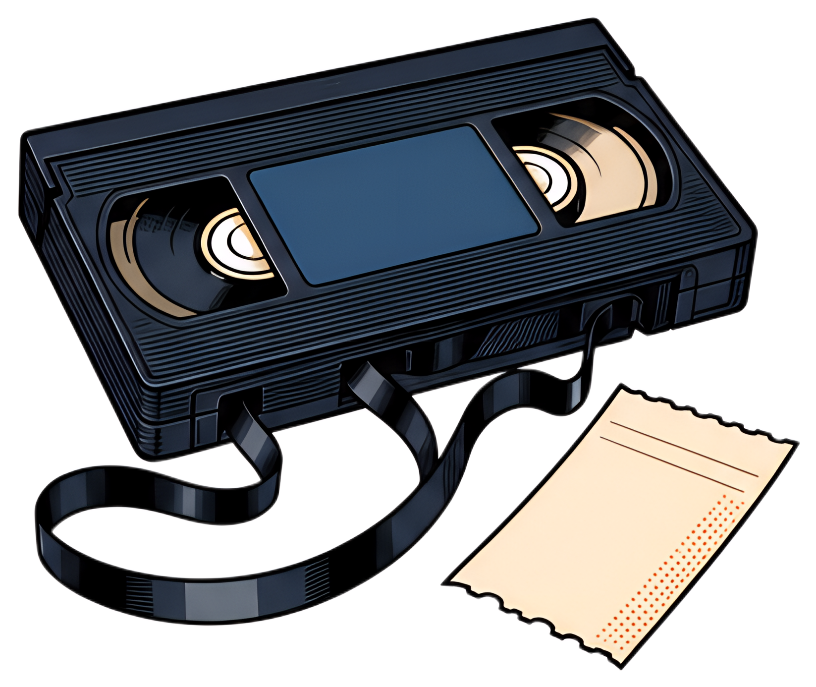 An empty VHS cassette with a film strip unwound and a blank receipt lying beside it. The cassette is primarily black with a brown inner reel and the receipt is cream-colored with a dotted border. The 