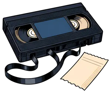 An empty VHS cassette with a film strip unwound and a blank receipt lying beside it. The cassette is primarily black with a brown inner reel and the receipt is cream-colored with a dotted border. The 