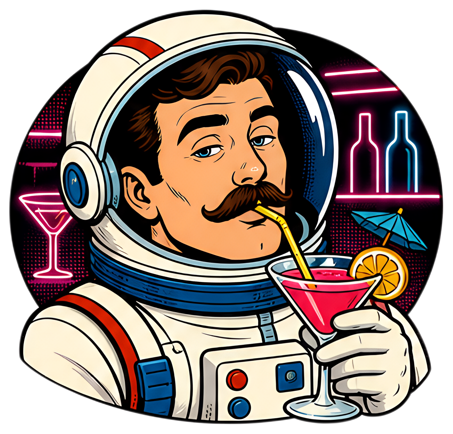 The image features a mustached astronaut enjoying a vibrant pink cocktail in a neon bar setting. Background elements include illuminated bottles and a stylish drink garnished with a lemon slice and a小