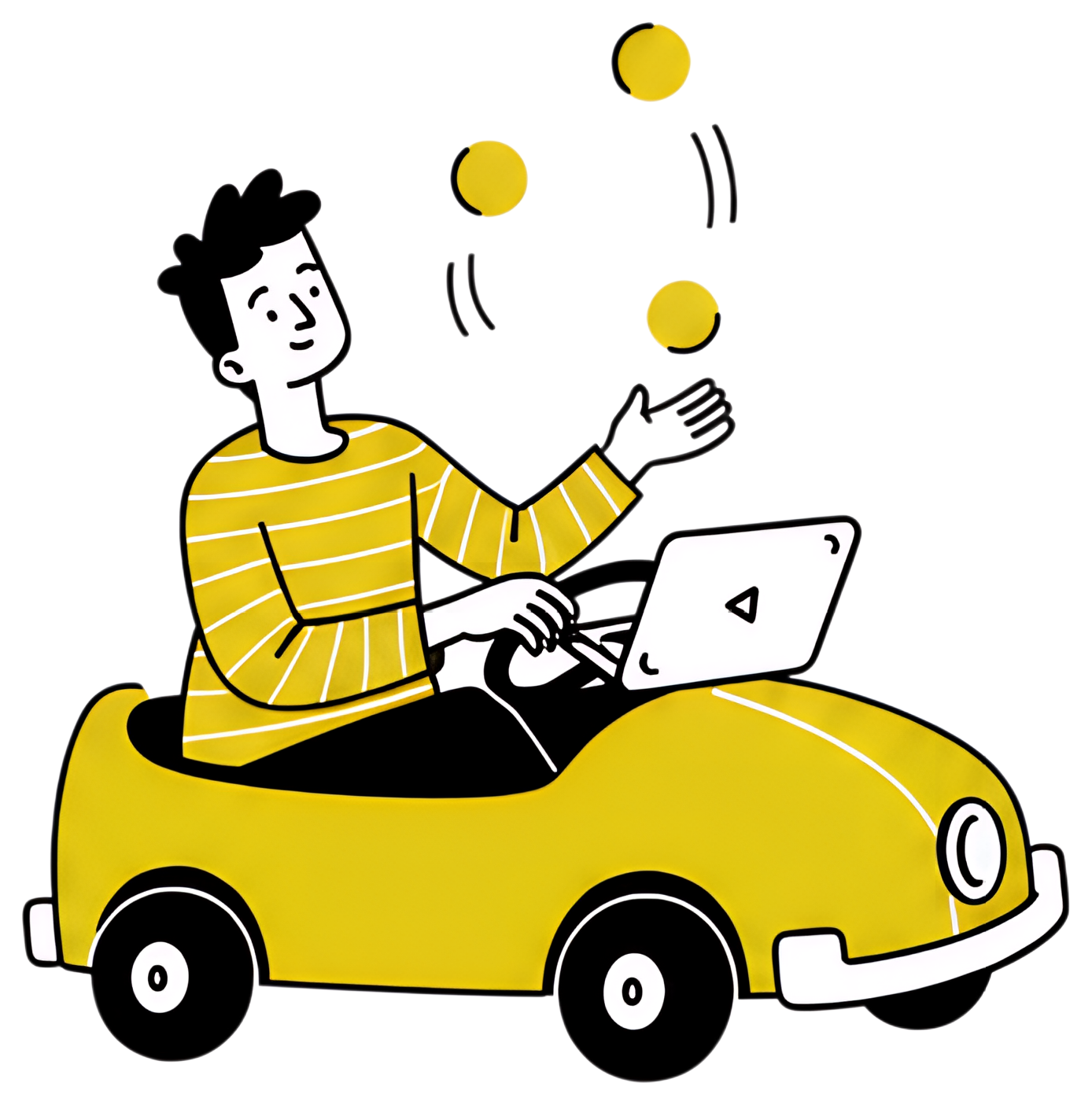A cheerful clown in a striped yellow shirt sits in a small car, typing on a laptop positioned on the steering wheel. One hand is juggling three yellow balls above him, capturing a playful and dynamic,
