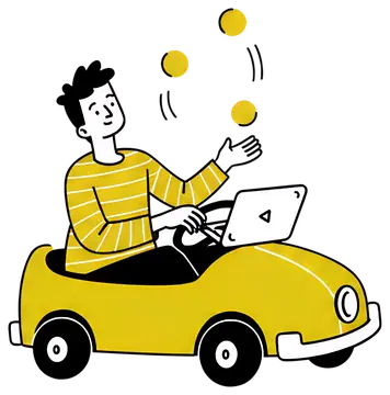 Freelancer clown juggling in tiny car