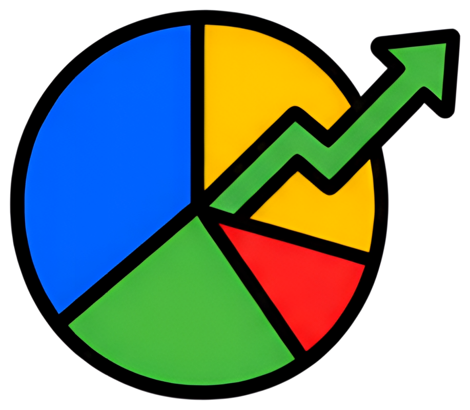 A vibrant pie chart features segments in blue, yellow, green, and red, with a green upward trending arrow overlay, symbolizing growth and progress.
