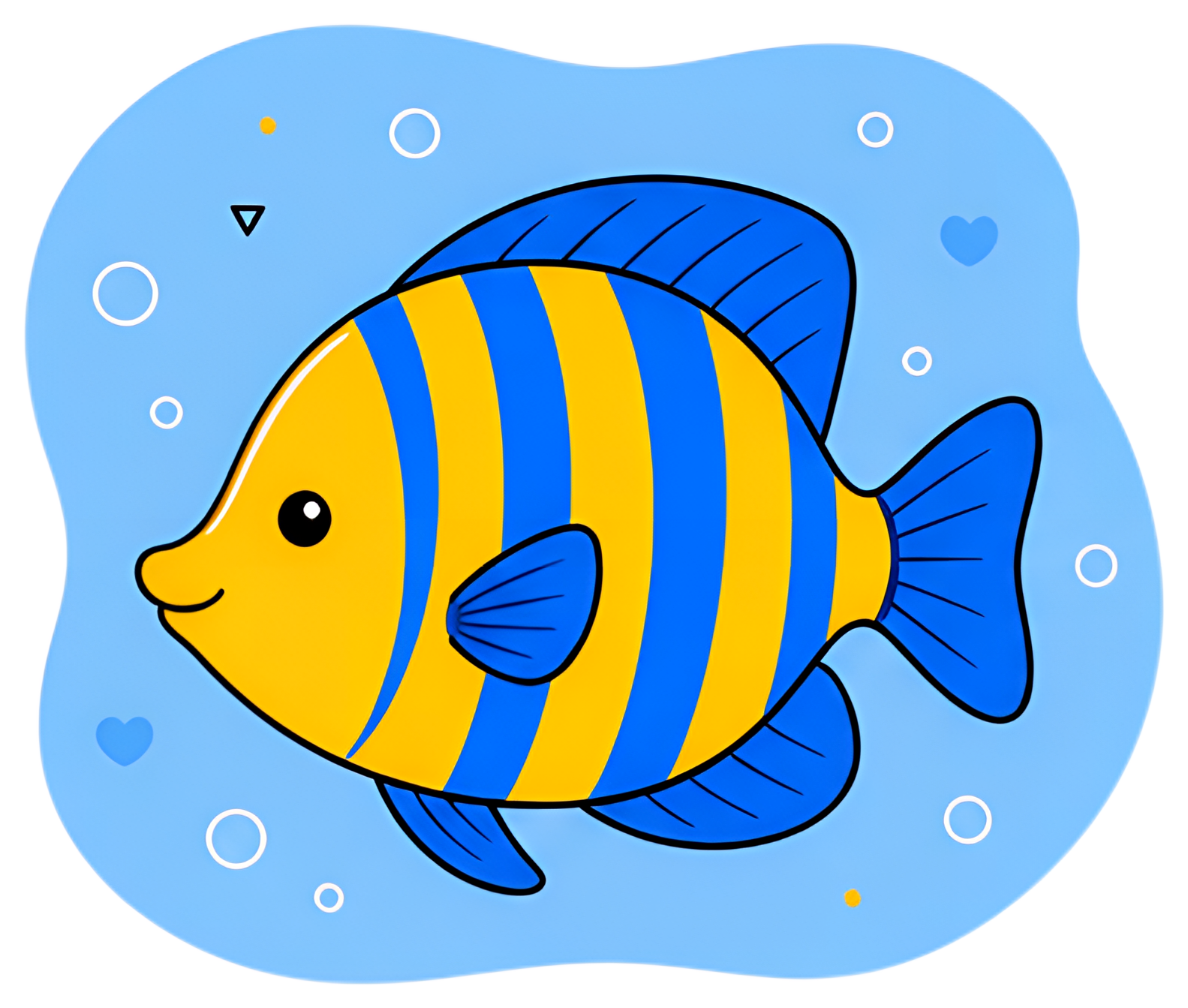 A cheerful tropical fish with yellow and blue stripes is swimming to the left against a light blue background filled with bubbles. The fish has a friendly expression and prominent fins.