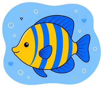 A cheerful tropical fish with yellow and blue stripes is swimming to the left against a light blue background filled with bubbles. The fish has a friendly expression and prominent fins.