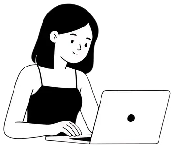 A character with a focused expression types on a laptop, showcasing a clean design with a white outline. The character has straight black hair and wears a sleeveless top, contributing to the modern, 2