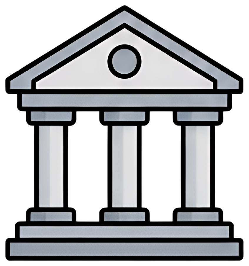 A simple depiction of a classical bank building featuring three tall columns and a triangular pediment. The structure is primarily in shades of grey and white, with details outlined in black for a 3D,