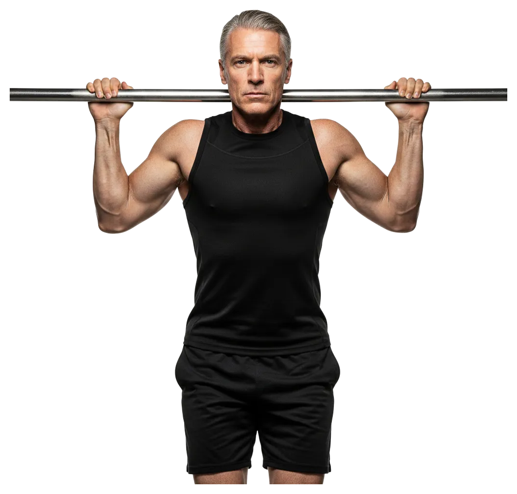 An athletic man with greying hair performs pull-ups on a horizontal bar, showcasing defined muscles. He is dressed in a black sleeveless top and black shorts, with a neutral background highlighting to