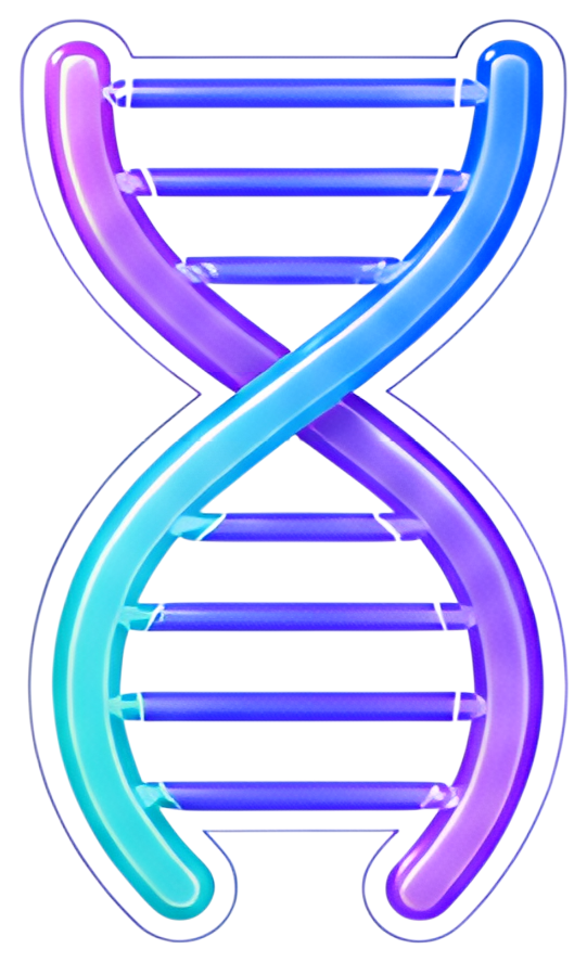 A sleek DNA helix structure with vibrant blue and purple strands. The helix features aqua-colored ladders connecting the strands, creating a modern and stylized appearance.