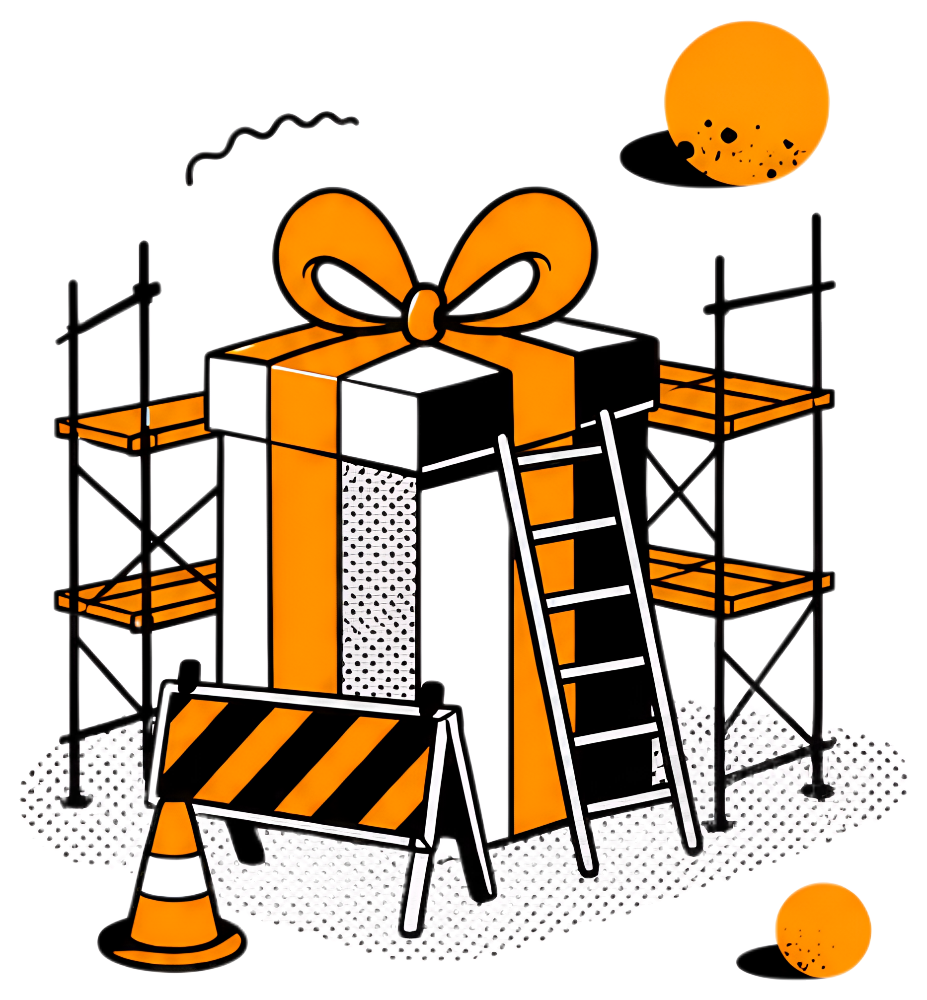 A large gift box with a bright orange ribbon is surrounded by construction scaffolding and a safety barrier. The background features a textured black, highlighting the vibrant colors of the gift and a