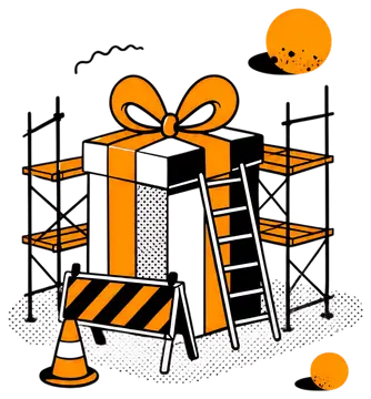 A large gift box with a bright orange ribbon is surrounded by construction scaffolding and a safety barrier. The background features a textured black, highlighting the vibrant colors of the gift and a