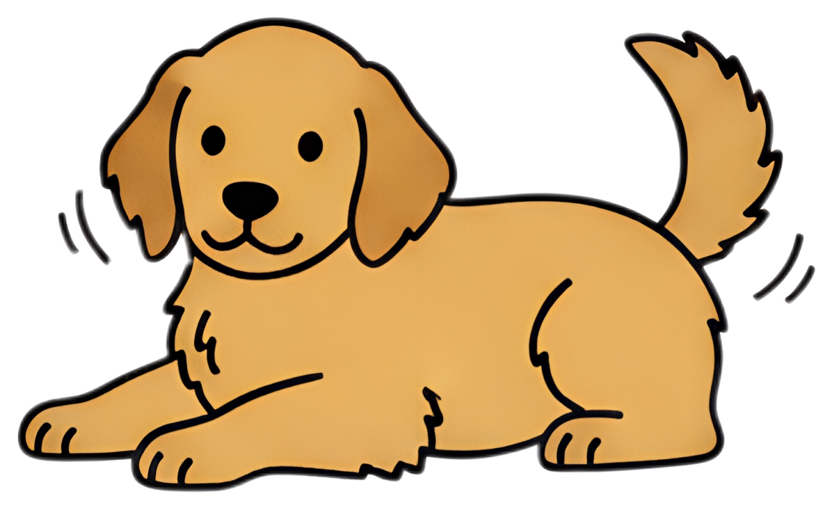 A cute golden retriever puppy lies down with its paws stretched forward and a wagging tail, exuding a fluffy charm. The puppy features a warm golden coat and a friendly expression, embodying playful,犬