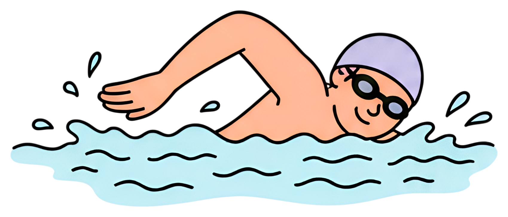 A swimmer with a light purple swim cap and black goggles is depicted in mid-stroke, arms extended forward in a freestyle position. Water splashes surround the swimmer, conveying motion and energy in a