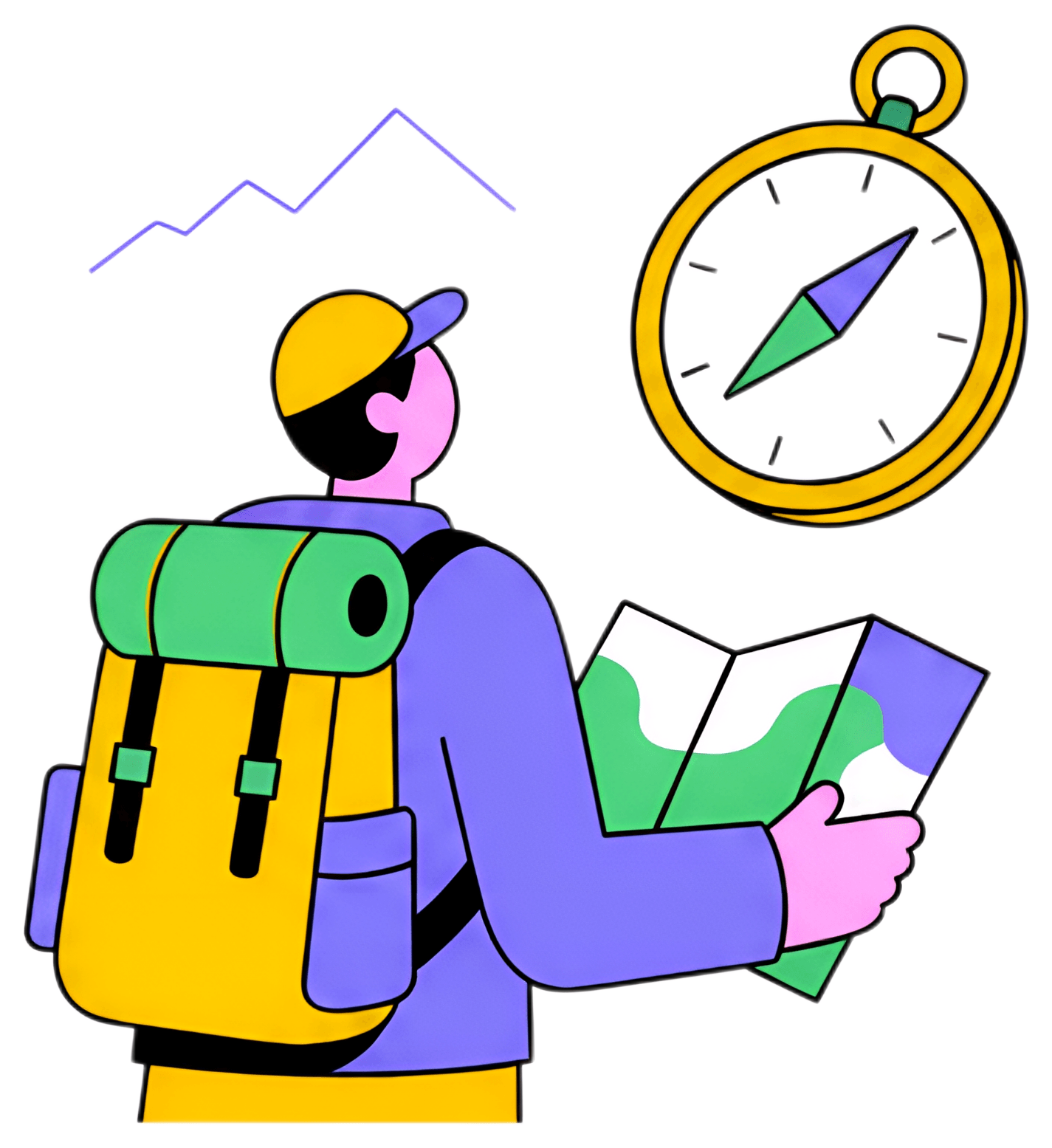 A flat illustration of a traveler wearing a backpack and holding a map, gazing up at a golden compass in the sky. The scene features vibrant colors, including shades of yellow, blue, and green, with a