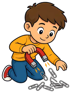 A young child with brown hair is kneeling on the ground, joyfully using a red magnet to attract metallic paper clips. The child wears a yellow shirt and blue pants, with a cheerful expression as the 6