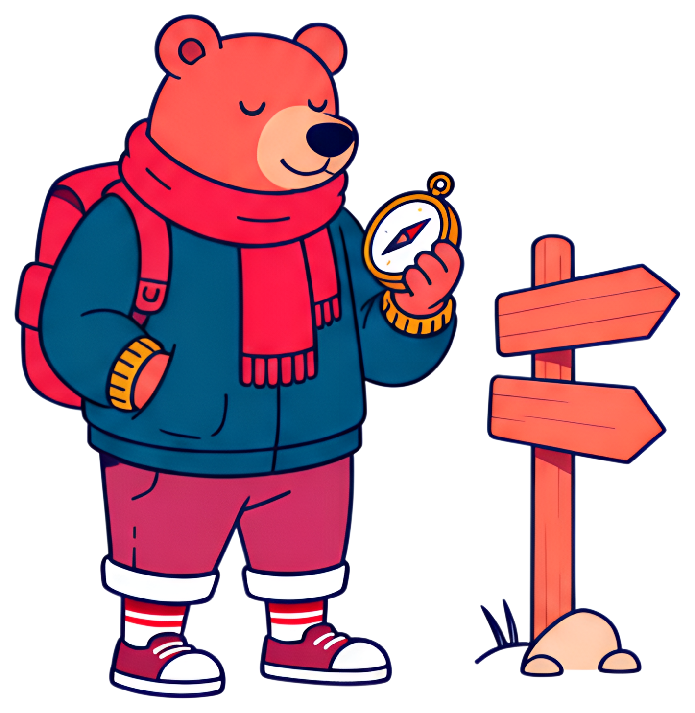 A cheerful bear in a cozy scarf and jacket holds a compass while inspecting a trail sign. The bear has a content expression, dressed warmly with a backpack, standing beside two directional signs, set,