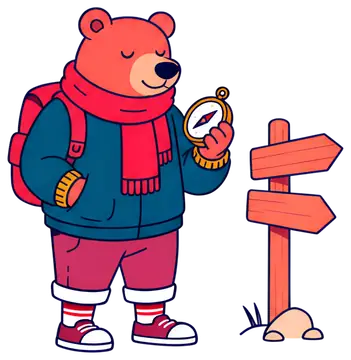 Sleepy bear with compass and trail sign