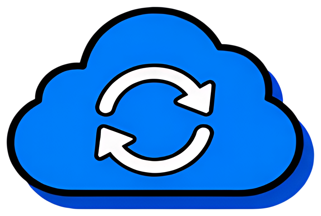 A bright blue cloud symbol featuring circular arrows to represent synchronization. The cloud has a bold black outline, while the arrows are white, emphasizing the syncing action within the cloud shape