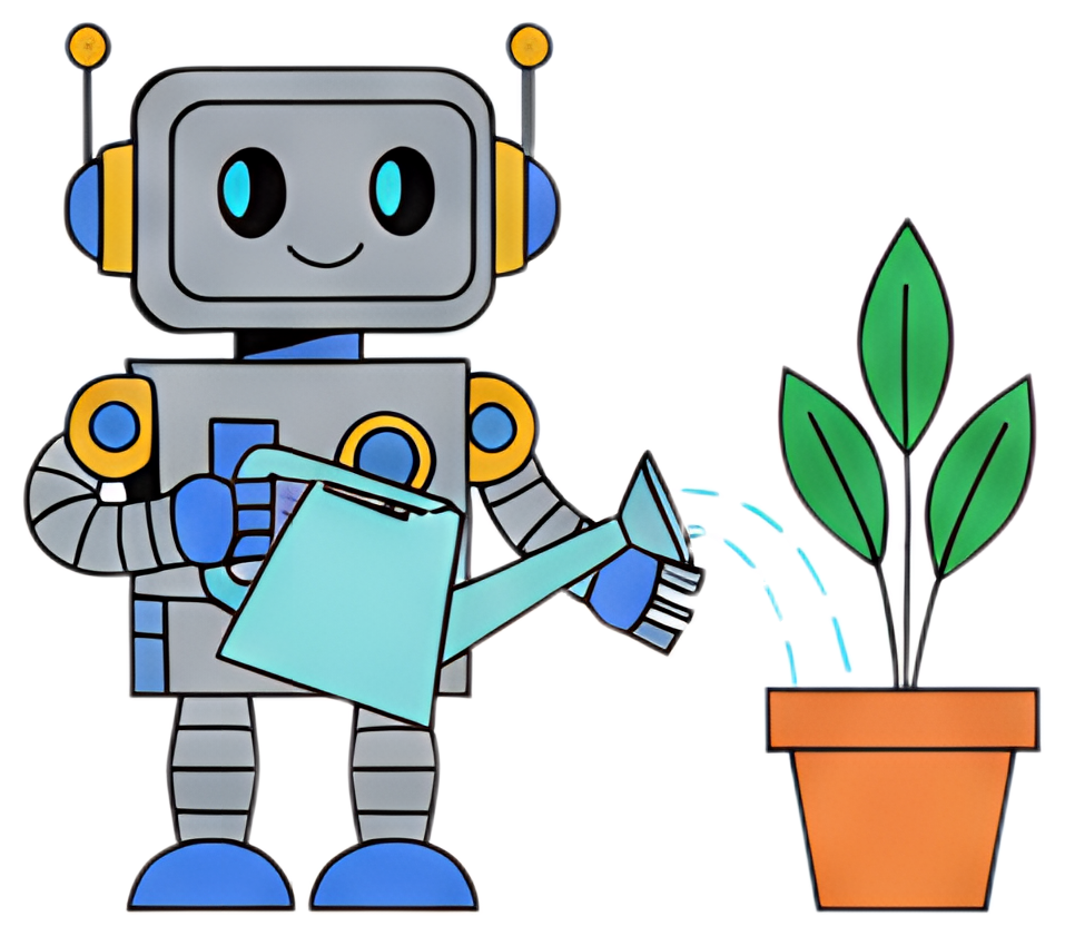 A cheerful robot with a metallic body and colorful accents is watering a potted plant with a light blue watering can. The plant features bright green leaves and is situated in an orange pot, with blue