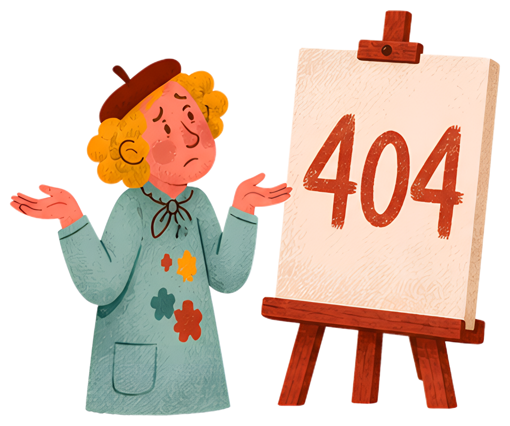 A confused artist with curly yellow hair gestures with open hands in front of a canvas displaying the large number '404'. The artist wears a teal outfit decorated with colorful flowers and a red beret