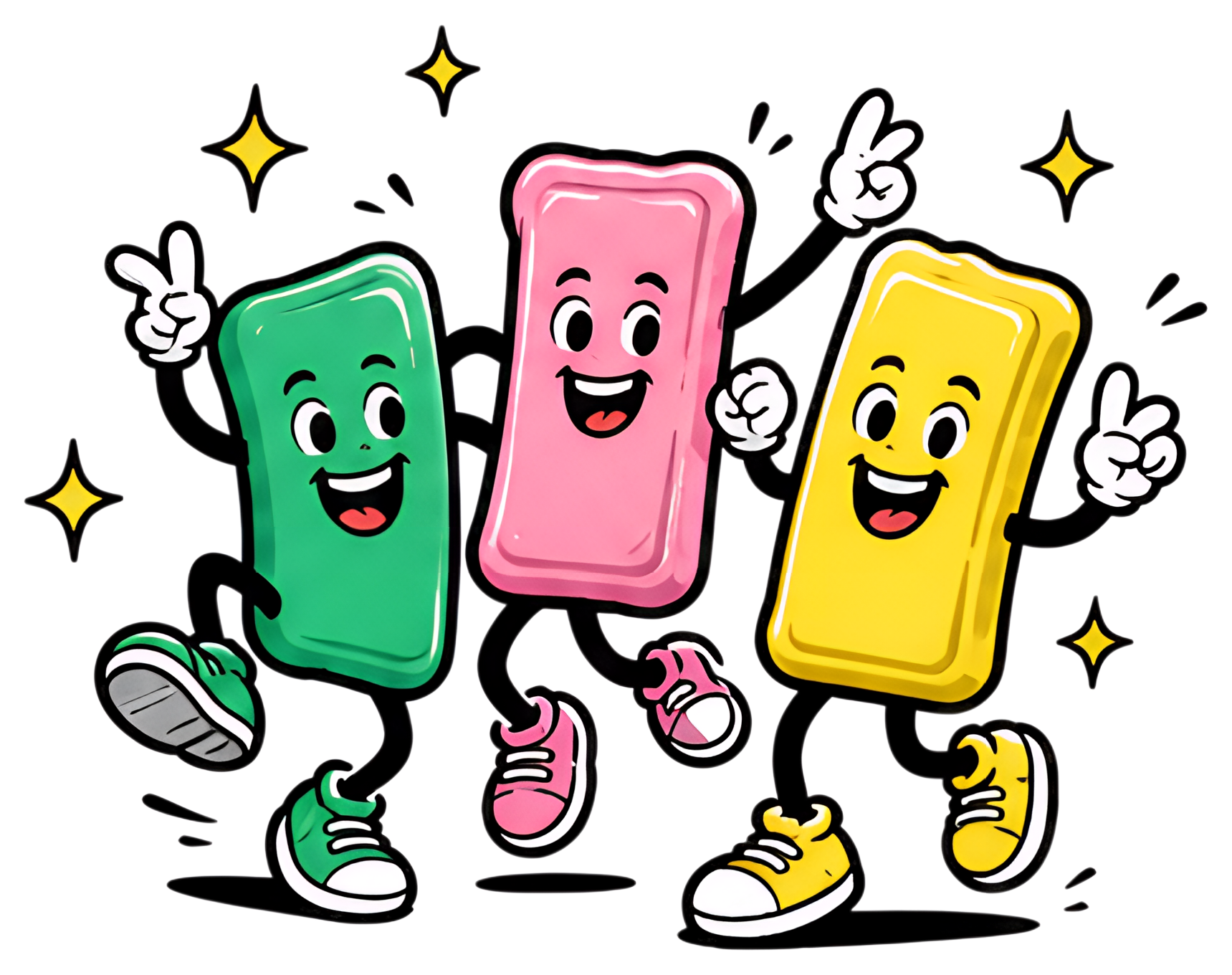 Three cheerful gum pieces in green, pink, and yellow are dancing energetically, each sporting big smiles and expressive eyes. They are surrounded by sparkling stars, adding a festive and lively feel.