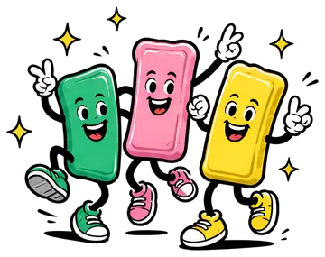 Three cheerful gum pieces in green, pink, and yellow are dancing energetically, each sporting big smiles and expressive eyes. They are surrounded by sparkling stars, adding a festive and lively feel.