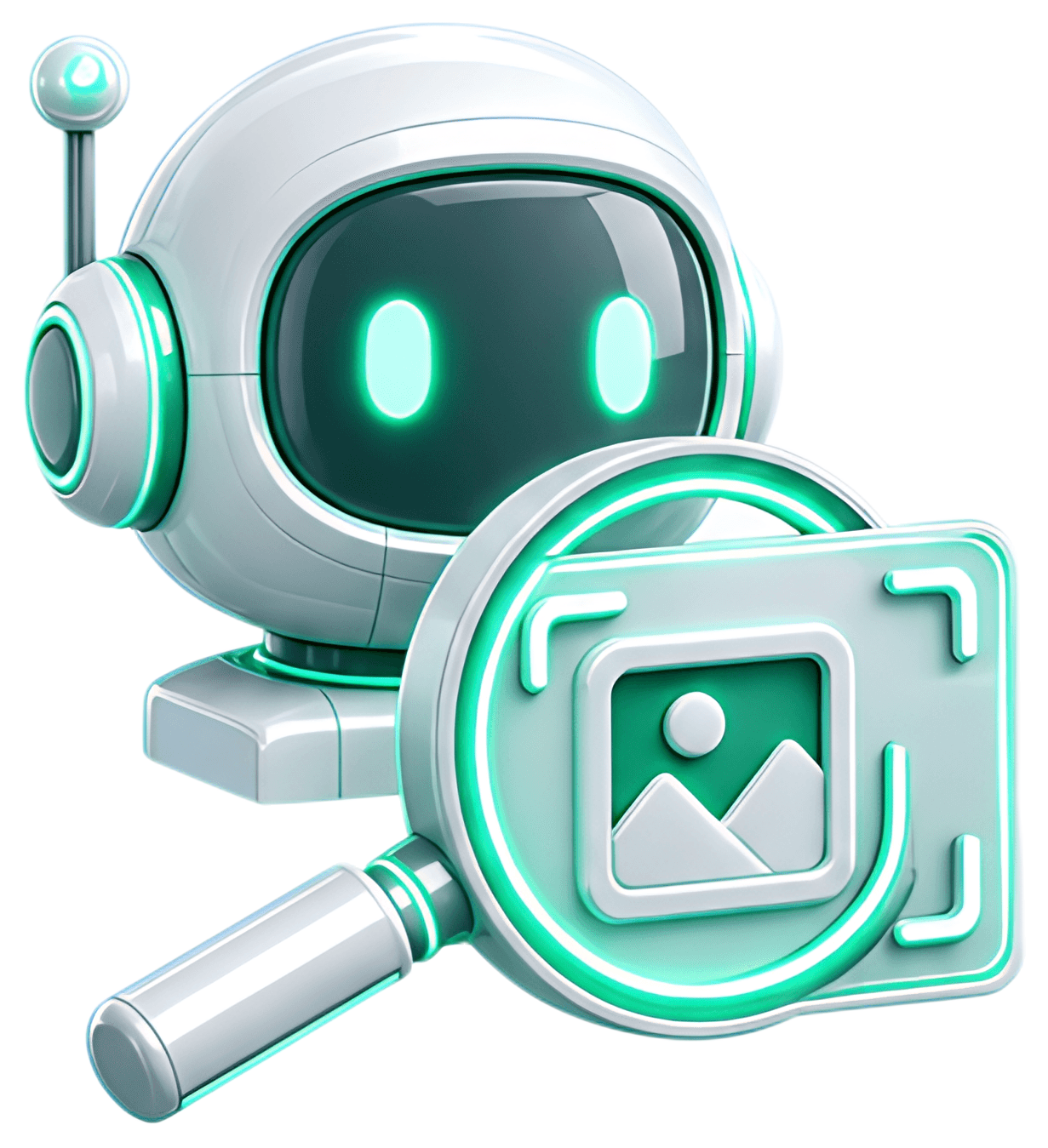 A 3D stylized AI assistant head in glowing white neon with teal accents, holding a magnifying glass that focuses on a photo being scanned. The design features a sleek, futuristic aesthetic, set on a透明