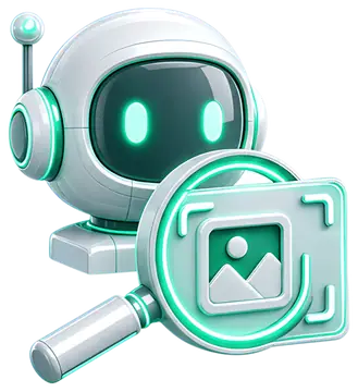 A 3D stylized AI assistant head in glowing white neon with teal accents, holding a magnifying glass that focuses on a photo being scanned. The design features a sleek, futuristic aesthetic, set on a透明