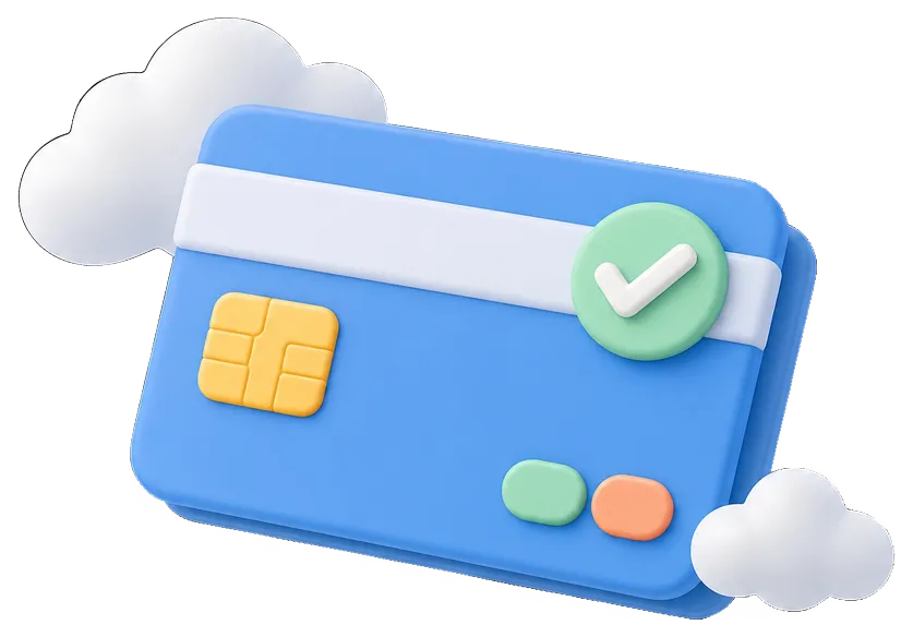 A vibrant icon of a Visa credit card in blue with a white stripe, featuring a yellow chip, a green checkmark, and colorful buttons in orange and green, surrounded by white clouds. The design is modern