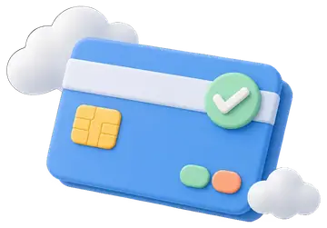 A vibrant icon of a Visa credit card in blue with a white stripe, featuring a yellow chip, a green checkmark, and colorful buttons in orange and green, surrounded by white clouds. The design is modern