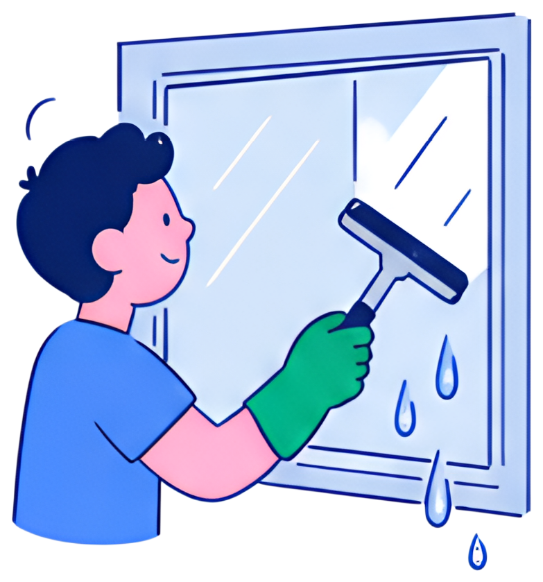 A person wearing teal gloves is cleaning a window with a squeegee, with water droplets dripping down the glass. The character exhibits a cheerful expression while performing the task, and the design h