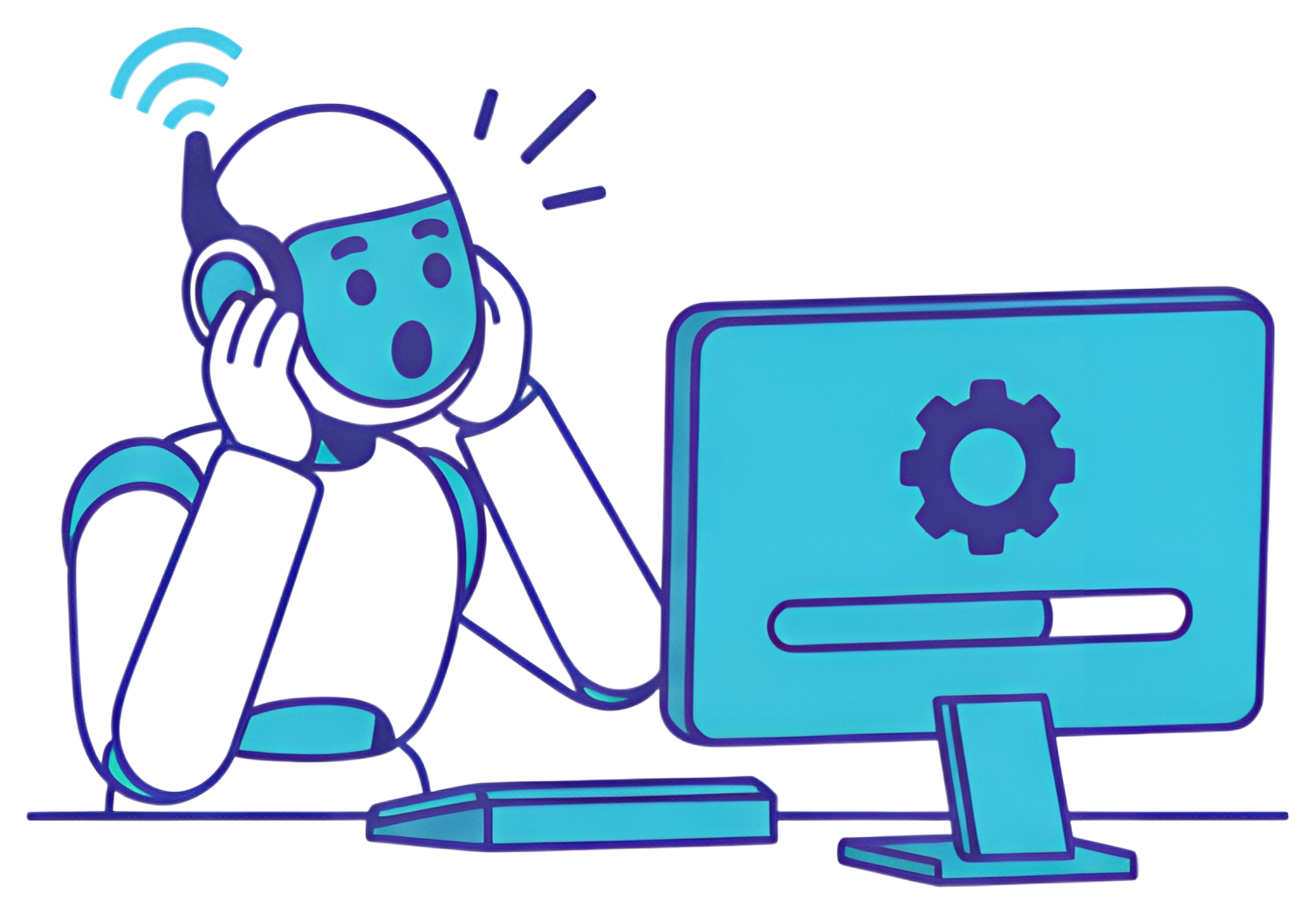 A surprised AI assistant, depicted in a sleek and modern style, is covering its face with its hands while staring at a computer screen that displays a settings gear icon. The color palette features a