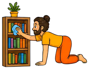A yoga teacher is on all fours in a cat pose, using a blue cloth to dust a colorful bookshelf filled with various books. A green plant sits on top of the shelf, adding a natural touch to the scene.