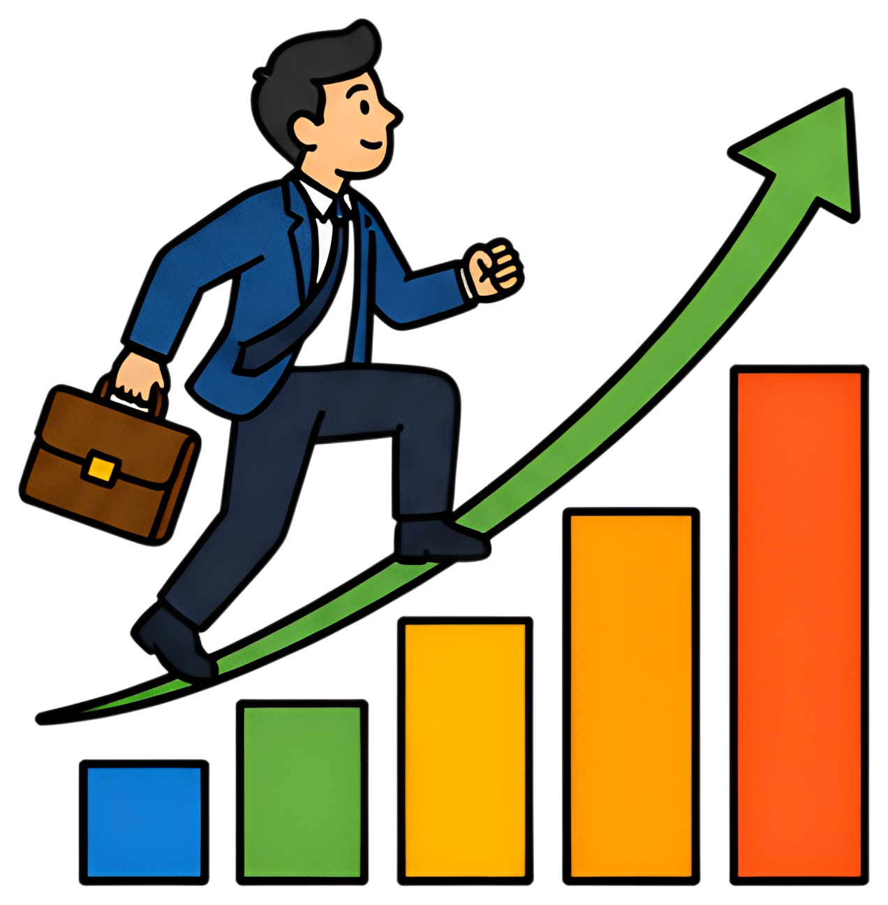 A business person in a blue suit strides up a green growth chart, carrying a brown briefcase. The chart features vertical bars in blue, green, yellow, orange, and red, depicting a rising trend in an a