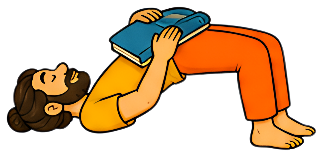 A person is depicted in a bridge yoga pose, lifting their hips while holding a blue book on their stomach. The figure wears a yellow shirt and orange pants, lying on a soft surface with bare feet and长