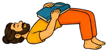 A person is depicted in a bridge yoga pose, lifting their hips while holding a blue book on their stomach. The figure wears a yellow shirt and orange pants, lying on a soft surface with bare feet and长