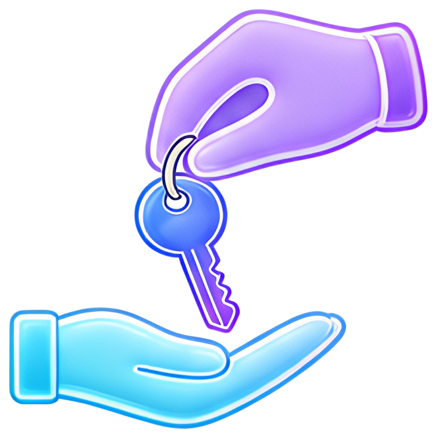 A purple hand is passing a blue key to a light blue hand, symbolizing the act of transferring keys. The design features a gradient style, adding a modern touch to the illustration.