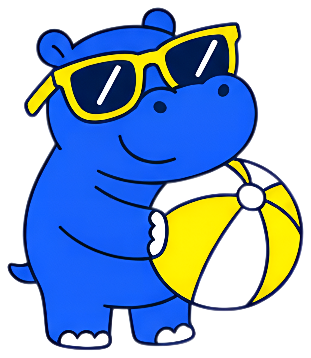 A cheerful blue hippopotamus wearing oversized yellow sunglasses and holding a brightly colored beach ball with yellow and white stripes. The hippo has a happy expression, making it a fun and engaging