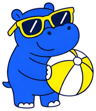 A cheerful blue hippopotamus wearing oversized yellow sunglasses and holding a brightly colored beach ball with yellow and white stripes. The hippo has a happy expression, making it a fun and engaging